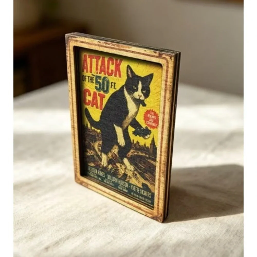 Cat Magnet Attack of 50 Foot Cat! Funny Humor Framed Miniature Magnet New Cute!